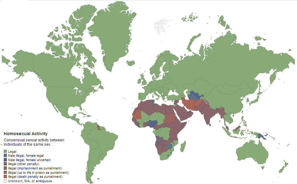 Harta care arată situaţia legalităţii homosexualităţii în lume. cc. Equaldex.com